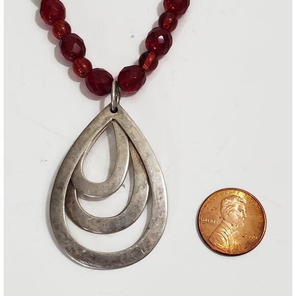 Vintage Sterling Silver & Red Glass Bead Teardrop Pendant Necklace 18" - Picture 6 of 8